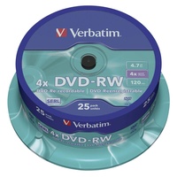 Verbatim DVD-RW 4x Matt Silver 4.7GB, 25er Pack Spindel, DVD Rohlinge beschreibbar, 4-fache Brenngeschwindigkeit & Hardcoat Scratch Guard, DVD leer, Rohlinge DVD wiederbeschreibbar
