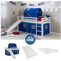 Homestyle4u Hochbett Kinderbett Matratze Rutsche Turm Blau Tunnel weiß