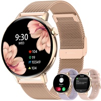 Smartwatch für Damen, rund, Anruf und Antwort-Assistent, Fitness-Tracker, Sportuhr, Schrittzähler, mit Herzfrequenzmesser, Stoppuhr, 3 Armbänder, wasserdicht, Smartwatch für Android iOS