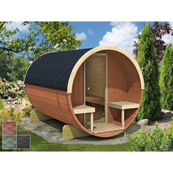 Finn Art Blockhaus Fasssauna Mika 5, 42 mm, Schindeln grün, Outdoor Gartensauna, mit Holz Ofen, Bausatz grün