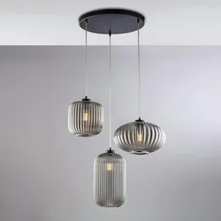 Glamour - Pendelleuchte aus schwarz lackiertem Eisen mit verstellbaren Elektrokabeln und grau verspiegelten Diffusoren aus geblasenem Glas mit erhaben