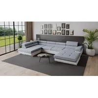 Goldstoff Wohnlandschaft RELAX U Ecksofa mit Schlaffunktion, Kunstleder & Samt, 345 × 205 cm, zwei Bettkästen, verstellbare Kopfstützen grau