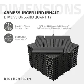 ECD Germany WPC Terrassenfliesen 30x30 cm 11Er Spar Set Anthrazit Mosaik, Holzoptik, Bodenbelag mit Drainage, Terrassendielen Balkonfliesen, Klickfliesen für Terrasse Garten und Balkon