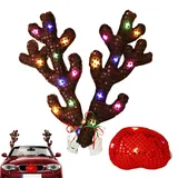 Rentier Geweih Und Nase Auto Weihnachtsdeko, Rudolph Rentier Auto Set Mit LED Licht, Weihnachten Plüsch Rentier Auto Deko Für Fenster, Dach, Frontgrill