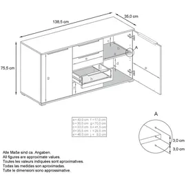 Vladon Sideboard 138,5 x 75,5 x 35 cm Weiß matt / Grau Hochglanz