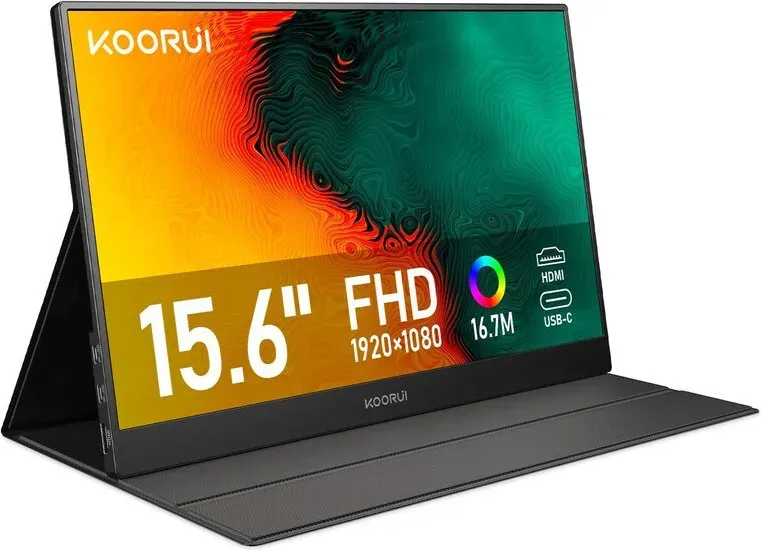 KOORUI 15,6 Zoll tragbarer Monitor, FHD IPS, HDMI/USB-C, Augenschonender Bildschirm für PC, Laptop, Xbox, Mac, PS 3/4/5 - E1511A