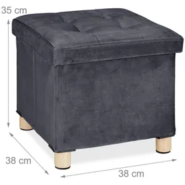 Relaxdays Samthocker mit Stauraum, Tablett im Deckel, mit Holzbeinen, eckiger Sitzhocker, HBT: 35x38x38 cm, dunkelgrau