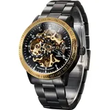 Alienwork IK Automatikuhr Armbanduhr Herren Damen Schwarz Edelstahl Metallarmband Skelett Glasboden