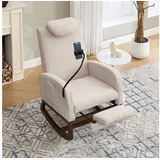 OKWISH Schaukelsessel Relaxstuhl Polsterstuhl (mit Leinenbezug & Fußstütze, hoher Rücken mit Kopfstütze, Handyhalter & Tasche) beige