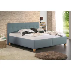 Polsterbett MAINTAL "Mison", blau (petrol, buche hell geölt), B:153cm H:102cm L:207cm, Struktur fein (100% Polyester), Betten, mit oder ohne Matratze Bonell-, Kaltschaum-, Taschenfederkern Matratze