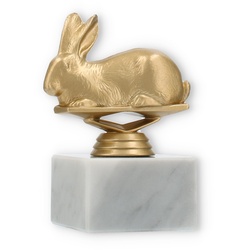 Pokal Kunststofffigur Hase goldmetallic auf weißem Marmorsockel 12,2cm