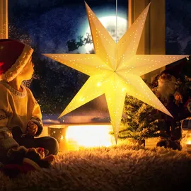 CASARIA LED Weihnachtsstern Beleuchtet 60 cm Batterie Fenster Innen Weihnachtsdeko Weihnachten Leuchtstern Dekostern Papierstern Weiß
