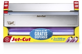 Jet-Cut Starter-Set Frischhaltefolie Nachfüllsystem, 3-teilig, 2 PVC Frischhalterollen + gratis Dispenser, 2 x Jet-Cut PVC Folien (B x L): 0,45 x 500 m + gratis Dispenser