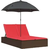 Doppel-sonnenliege Mit Kissen & Sonnenschirm Braun Poly Rattan Vidaxl
