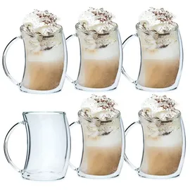 Intirilife 6x Doppelwandiges Thermo Glas - gebogener Style - 200ml Füllmenge -Tassen Set 6 Stück - Schwebeeffekt, Mundgeblasen isoliert für Latte Macchiato, als Teeglas Kaffeeglas mit Henkell