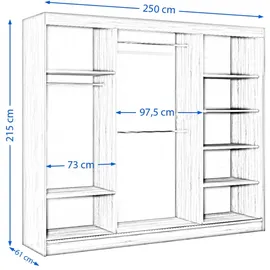 beautysofa Schiebtürenschrank PACO 250 cm - Kleiderschrank inkl. 3 Schiebtüren Schrank mit Spiegel & Kleiderstange, Farbe: Schwarz - Schwarz