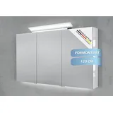 Intarbad Badezimmerspiegelschrank 3-türiger Spiegelschrank mit großflächiger MULTI LED Aufsatzleuchte (Doppelspiegeltüren, Holz-/ Lackdekore, Maße von 120 bis 140 cm wählbar, Höhe 70 cm, Glasfachböden, Magnetleiste & Kosmetikspiegel Ø 12 cm) dimmbar, Vormontierte Lieferung, 160 kg Traglast, Made in Germany weiß 120 cm x 70 cm x 13,5 cm