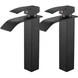 Auralum - 2pcs Messing Waschtischarmatur Schwarz Hoch Wasserfall Wasserhahn Bad Waschbecken Armatur Einhebelmischer Badarmatur Mischbatterie für
