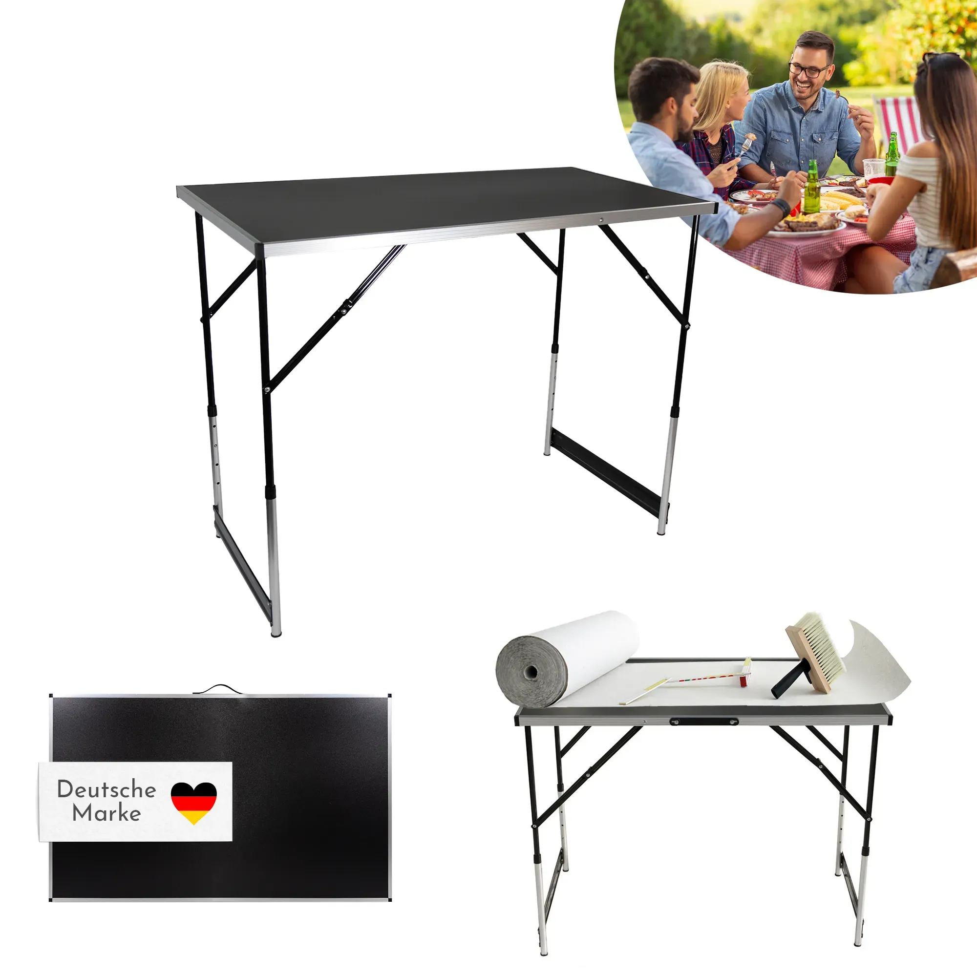 Tapeziertisch klappbar schwarz, Arbeitstisch 3-teilig, Mehrzwecktisch höhenverstellbar
