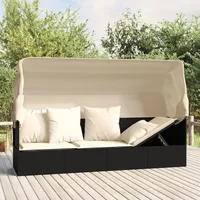 Ankonbej Outdoor-Loungebett mit Dach und Kissen Schwarz Poly Rattan