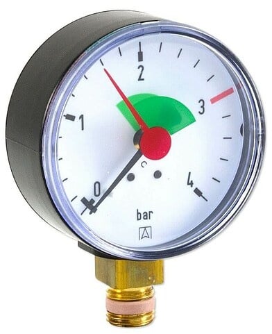 AFRISO Manometer HZ 63 - Anschluss radial 1/4'' AG selbstdichtend, Anzeige 0-4 bar, rote Markierung bei 3,0 bar