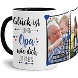 Tassendruck Fototasse mit Spruch für Opa - Glück ist, jemanden wie Dich zu haben - zum Selbst gestalten mit 2 Fotos, Innen & Henkel Schwarz, 300 ml