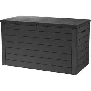 Keter Ontario Aufbewahrungsbox 570L Graphit – Wetterfeste Gartenbox in Holzoptik mit Gasdruckfedern – UV-beständige, abschließbare Kissenbox für Innen- & Außenbereich
