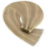 Easyouth 60cm Extensions Echthaar Tressen Zum Einnähen Blond Tressen Echthaar Extension Mittelblond Highlight Golden Blonde Extension Tressen Remy Menschenhaar für Vollere Haare 100g #P16/22