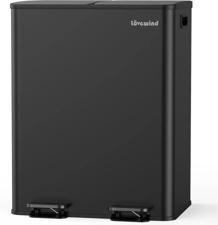 Küchen-Mülleimer, 60 l (2 x 30 l) Edelstahl Mülleimer und Recyclingbehälter Kombination mit Soft-Close-Deckel, Recycling-Küchenmülleimer mit zwei Fächern, Schwarz