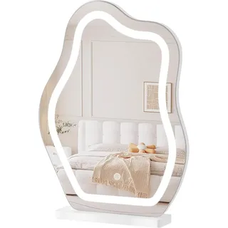 Woltu Schminkspiegel mit Beleuchtung, 3 Farbtemperaturen, Kosmetikspiegel Tischspiegel, unregelmäßiger Spiegel, Tischspiegel dimmbar, ohne Rahmen 43x56 cm, Weiß - Weiß