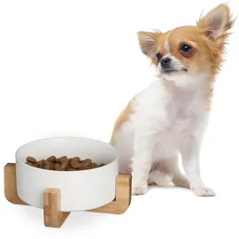 Relaxdays Hundenapf Keramik, 850 ml, für Futter & Wasser, Futternapf mit Bambus-Gestell, HxBxT: 9 x 20 x 20 cm, weiß