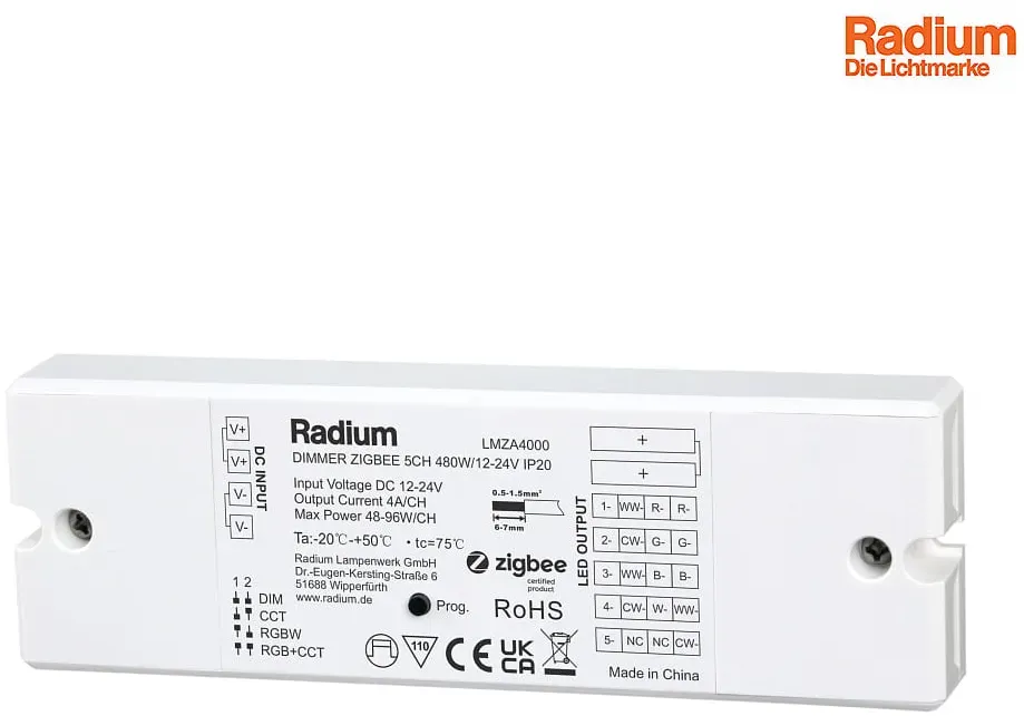 RADIUM Dimmer für Ansteuerung über Zigbee, DIMMER ZIGBEE 5CH 480W/12-24V IP20 RALMZA4000