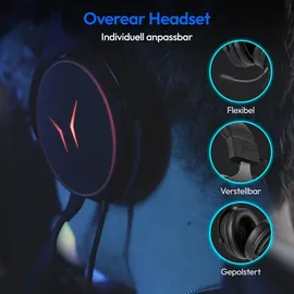 Medion ERAZER Mage P20 Gaming Headset (240cm Kabel, Over Ear, flexibles & abnehmbares Mikrofon, RGB Beleuchtung, 3,5mm Audio, USB, ES9260Q Soundchip,