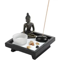 London Boutique Japanisches Zen-Garten-Set, thailändischer sitzender Buddha, Ornament, Statue, Kerzenhalter, Naturstein, Rattan, Räucherstäbchen, Geschenk-Set (sitzender Budha HD38)