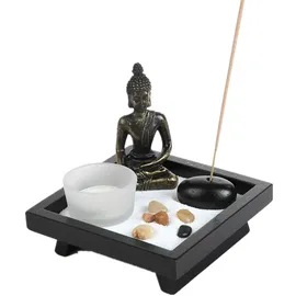 London Boutique Japanisches Zen-Garten-Set, thailändischer sitzender Buddha, Ornament, Statue, Kerzenhalter, Naturstein, Rattan, Räucherstäbchen, Geschenk-Set (sitzender Budha HD38)