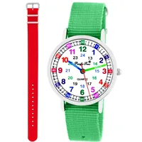 Pacific Time Kinder Armbanduhr Mädchen Jungen Lernuhr Kinderuhr Set 2 Textil Armband grün + rot analog Quarz 11116