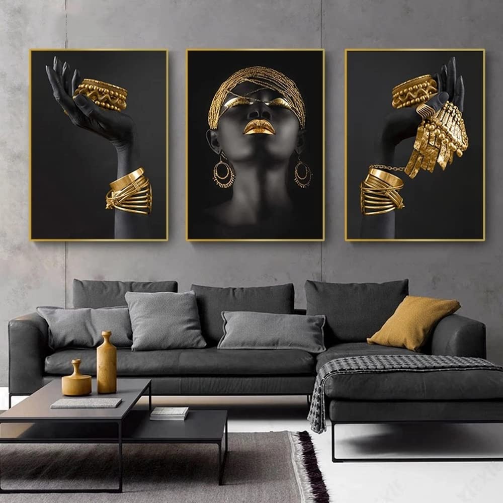FSLEOVN Abstrakte Schwarz Gold Leinwand Afrika Frau Leinwand Bilder Fashion Leinwandbilder Afrikanische Bild No Framed 3 Stück (30x40cm)