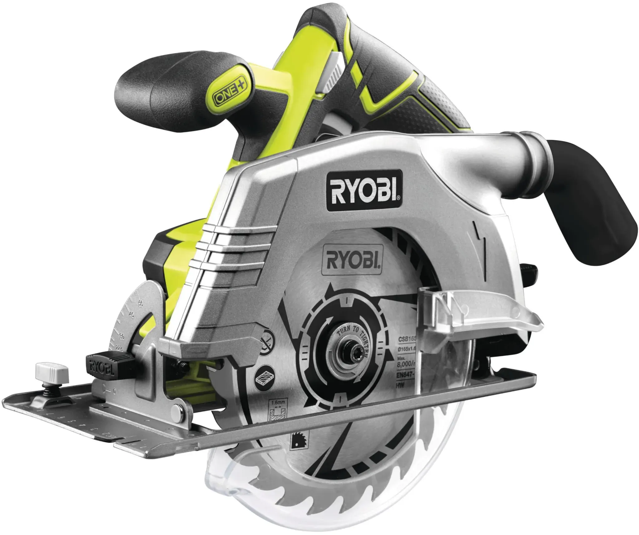 RYOBI 18 V ONE+ Akku-Handkreissäge R18CS-0 (Bohrungs-ø 16 mm, Schnitttiefe bis 52mm, Leerlaufdrehzahl 4700 min-1, Tiefen-/Neigungseinstellung werkzeuglos, inkl. Sägeblatt, ohne Akku und Ladegerät)