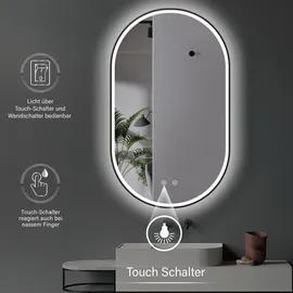 Hoko Badspiegel LED Antibeschlag Wandspiegel Oval 45x75cm mit Aluminium-Rahmen+LED Wechsel Warmweiß-Kaltweiß-Neutral 2700-6500K.Touch Schalter.Ra... / Schwarz