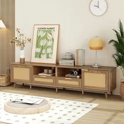 Merax TV-Konsolentisch, TV-Schrank mit echtem Rattandesign, TV-Schrank mit massiven Holzfüßen,Geflochtener Rattan-TV-Boards