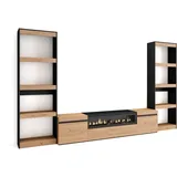 Skraut Home | Wohnwand Wohnzimmer | Wohnzimmermöbel, Möbelset | 320x186x35cm | Für TV-Geräte bis zu 80" | Elektrokamin. Maße | Moderner Stil | Eiche Schwarz