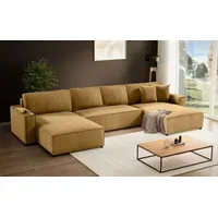 Ecksofa Parys U  Eckcouch mit Schlaffunktion und Bettkasten  U-form Polsterecke aus Cord-Bezug  390 cm Ecke u-förmig, Farbe: Gelb, Poso 01 - Gelb