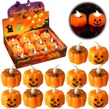 ZPQAODI 12 LED Kerzen Halloween Deko Set, LED Teelichter Kürbis, LED-Teelichter,Flammenlose Flackern Kerze Pumpkin Licht Teelicht Deko für Halloween Party Outdoor