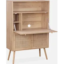 sweeek - Schreibschrank / Sekretär, 2 Türen und Regale, Holzeffekt und Rohrgeflecht