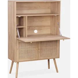 sweeek - Schreibschrank / Sekretär, 2 Türen und Regale, Holzeffekt und Rohrgeflecht