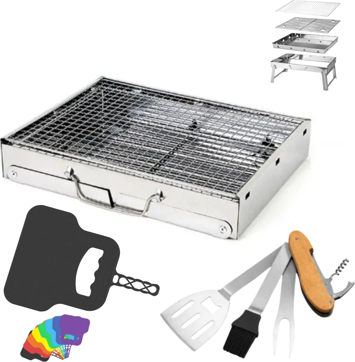 Tool Brothers, Holzkohlegrill, Toolbrothers Outdoor tragbarer Holzkohle Edelstahl Grill Set für Camping werkzeuglose Montage 43 x
