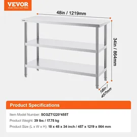 Vevor Lebensmittel-Zubereitungstisch aus Edelstahl, Gewerblicher Küchenarbeitstisch, mit 2 verstellbaren Unterregalen, 457 x 1219 x 864 mm Zubereitungstisch für Grill, Küche, Zuhause
