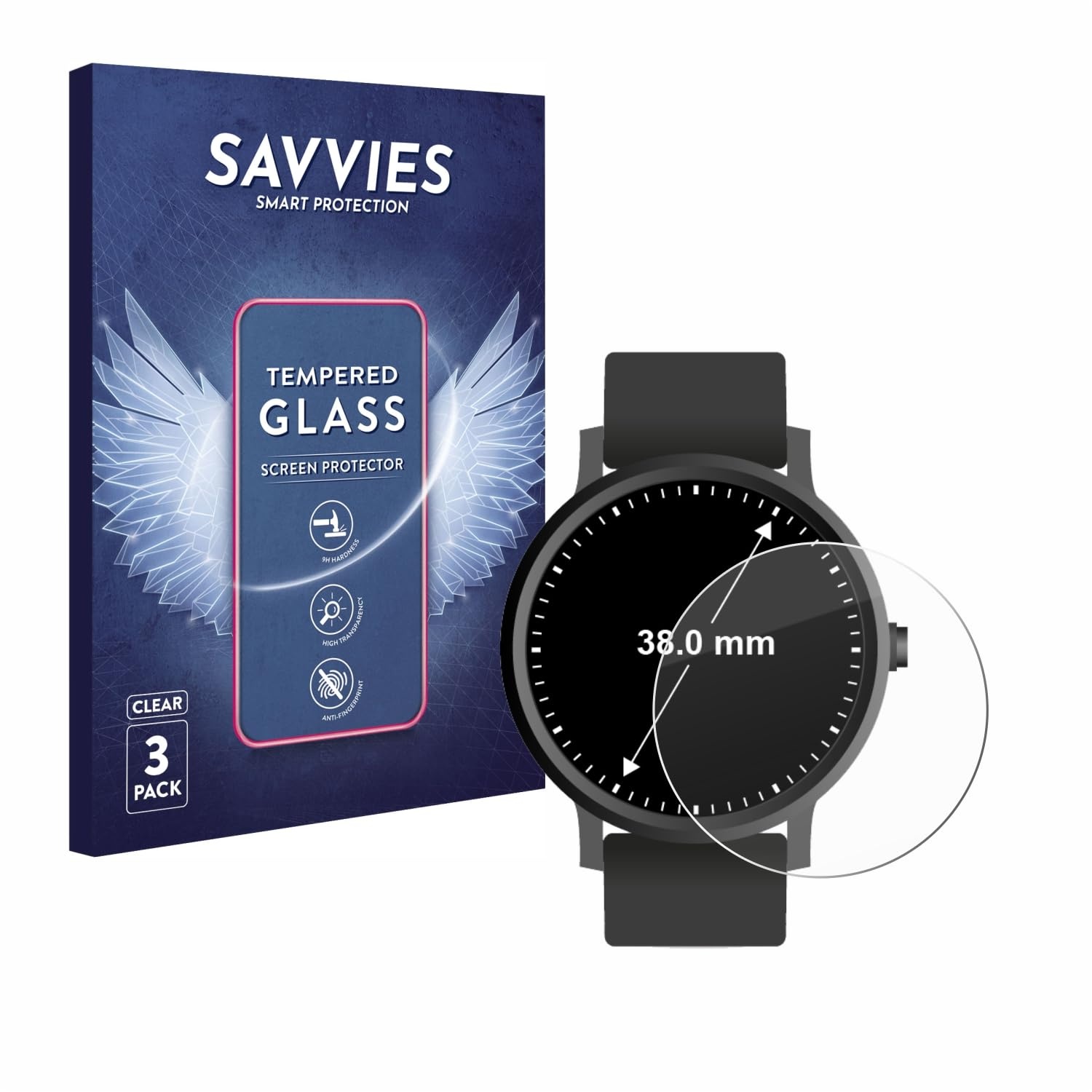 Savvies 3x Schutzglas kompatibel mit Armbanduhren (Kreisrund, ø: 38 mm) Echtglas, Hartglas 9H - Anti-Fingerprint, Display-Schutzfolie