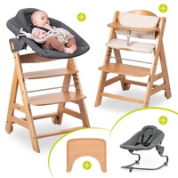 hauck Beta Plus Natural 5-tlg. Newborn Set - Hochstuhl + 2in1 Neugeborenen-Aufsatz & Wippe Premium, Essbrett, Sitzkissen - Dark Grey