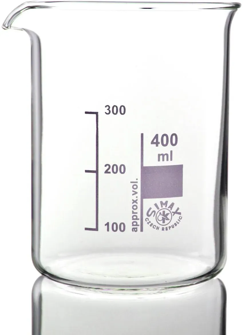 Simax Becherglas, hitzebeständiges Borosilikatglas 3.3, niedrige Form mit Ausguss und Skala, 400 ml